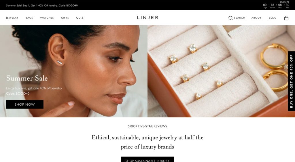 Linjer jewellery homepage with discount code