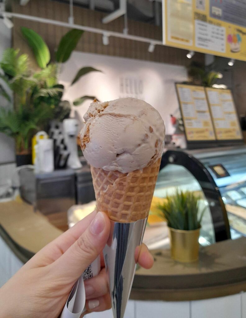 Hello Molly Lotus Biscoff gelato single scoop in cone